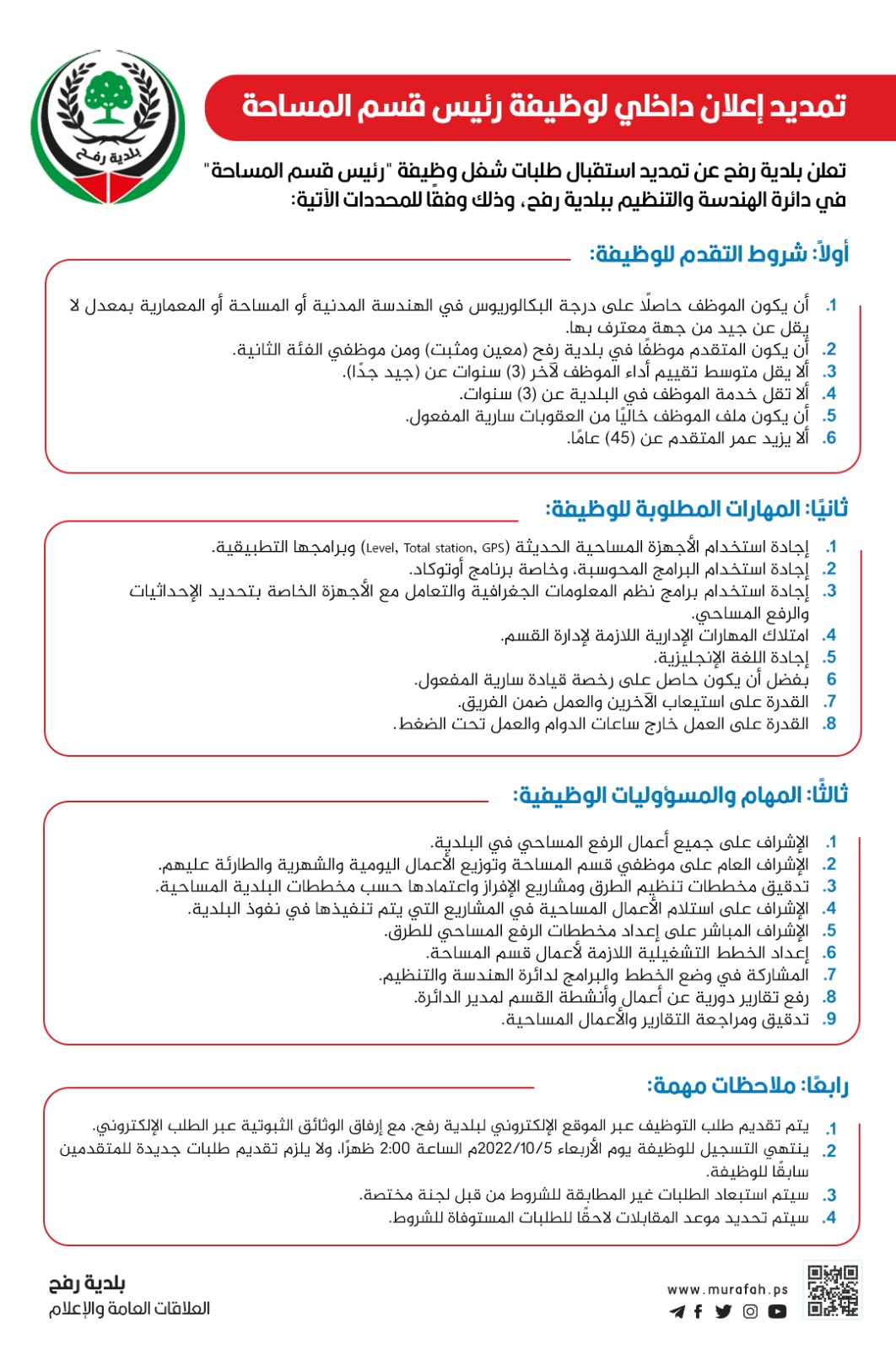 تمديد إعلان داخلي لوظيفة رئيس قسم المساحة