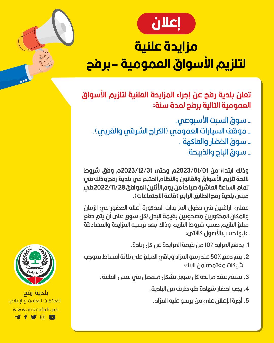 إعلان مزايدة علنية لتلزيم الأسواق العمومية بمدينة رفح