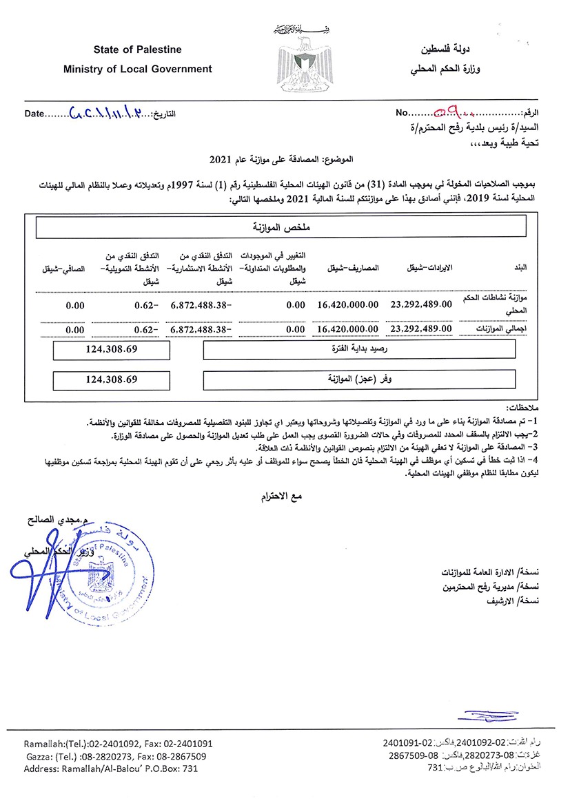 إعلان الموافقة على الموازنة العامة لعام 2021