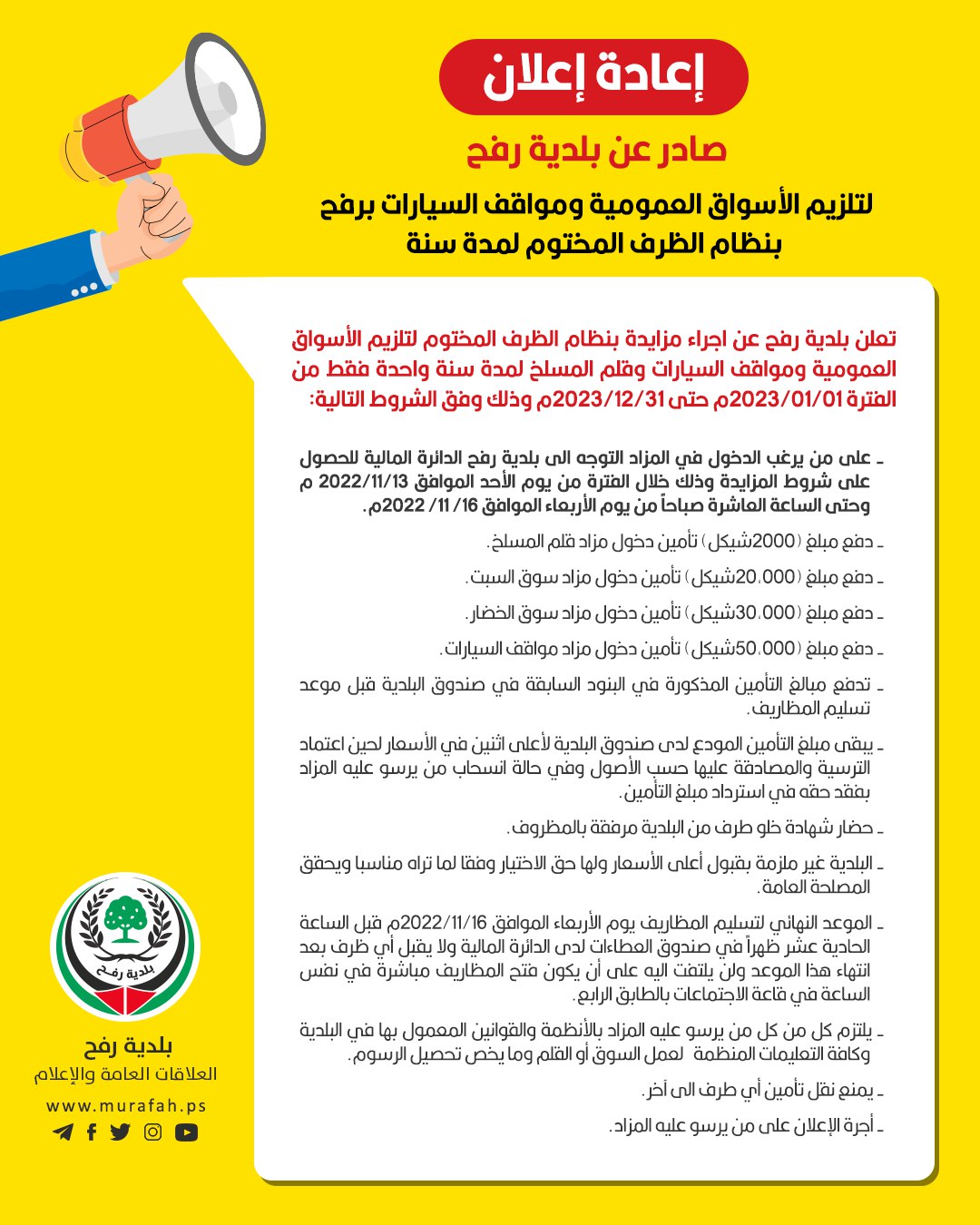 إعادة إعلان لتلزيم الأسواق العمومية ومواقف السيارات برفح