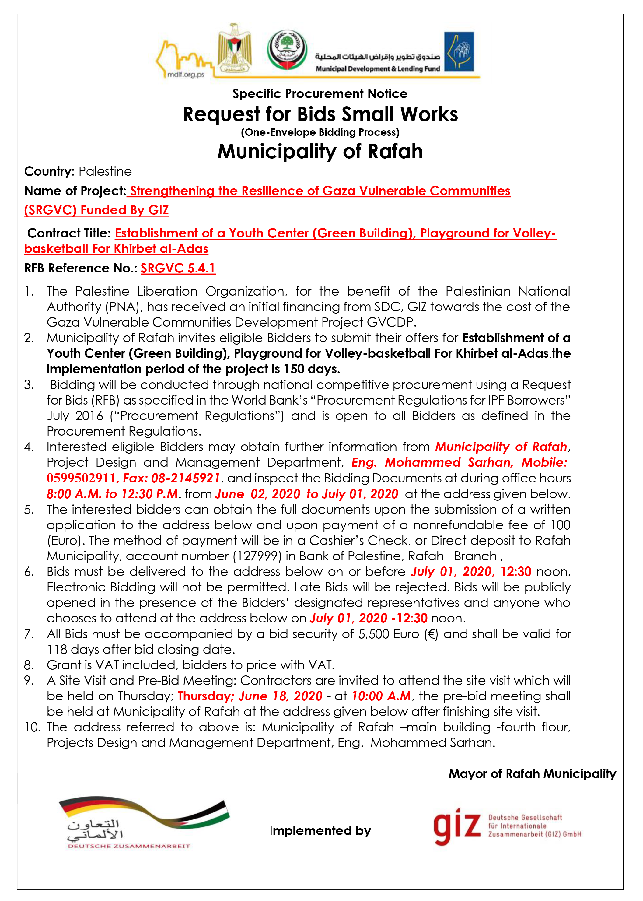 Request for Bids Establishment of a Youth Center (Green Building), Playground for Volley-basketball For Khirbet al-Adas