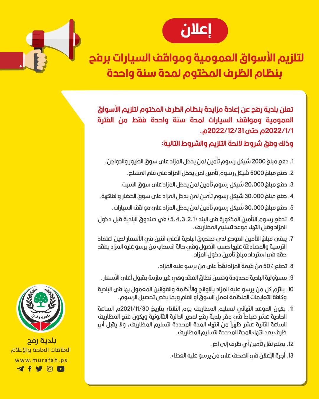 ادة إعلان صادرعن بلدية رفح لتلزيم الأسواق العمومية ومواقف السيارات برفح